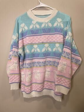 Vtg 80s Cat Pullover Pink Stripe Sweater Kawaii Cat Women's Size Large